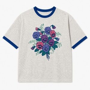 Vtg 1990s Morning Sun Finnigan Pansy Flower Ringer T-Shirt Grey Blue Graphic Tee